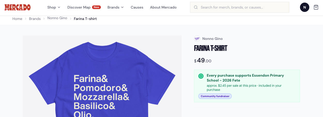 Mercado product page with cause supported